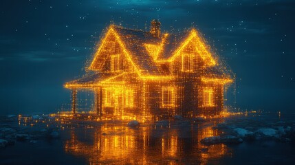 A glowing house made of light, reflecting on water at night.