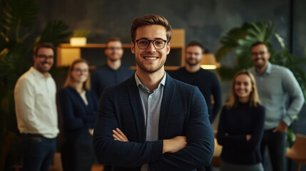 young businessman stands confidently in front of his team, showcasing leadership and teamwork in modern office environment. atmosphere is positive and collaborative