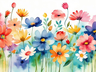 watercolor flowers and peonies on white background