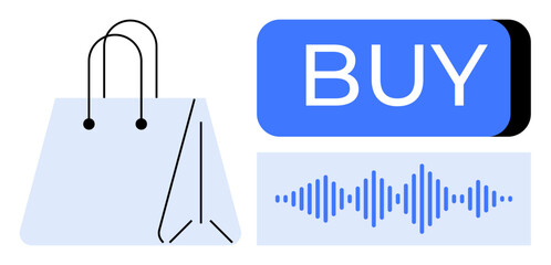 Shopping bag beside a BUY button and a sound wave representing voice command. Ideal for e-commerce, online shopping, digital retail, voice assistants, mobile apps, tech innovation, user convenience