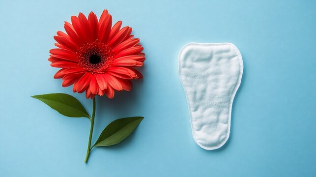 Red gerbera daisy and sanitary pad on blue background.