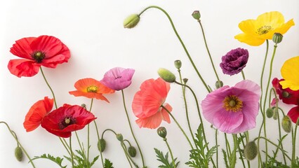 A colorful mix of red pink purple and yellow poppy flowers against a white background creating a playful and lively atmosphere, floral arrangement, colorful blooms white background, celebration