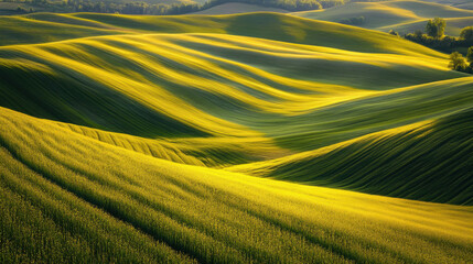 Aerial view of green and yellow fields with flowing lines, showcasing beauty of natures patterns. vibrant colors create serene and peaceful landscape