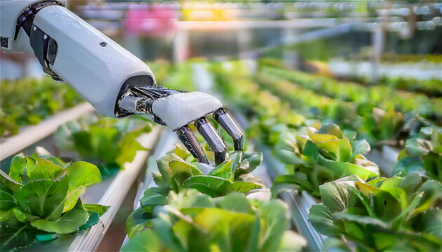 Robotic arm harvesting hydroponic vegetables or lettuce in a smart farm