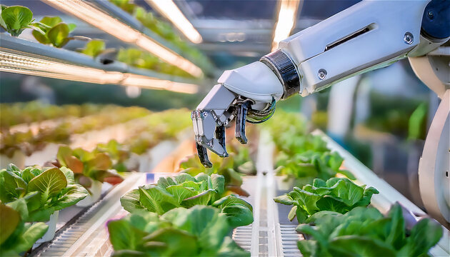 Robotic arm harvesting hydroponic vegetables or lettuce in a smart farm