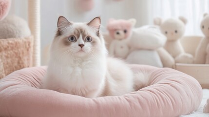 Adorable Ragdoll cat resting on pink cushion in a playful room.