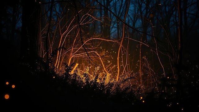 A glowing bager illuminated by fireflies in the heart of a dense thicket, mystical ambiance, shimmering foliage, whimsical woodland