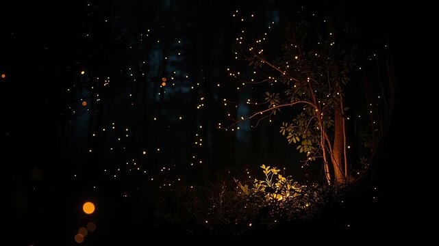 A glowing bager illuminated by fireflies in the heart of a dense thicket, twinkling lanterns, shimmering foliage