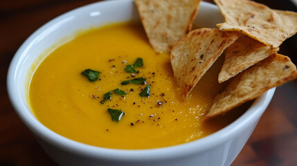 A bowl of pumpkin soup with a drizzle of olive oil and a pinch of sea salt, served with crunchy pita chips.