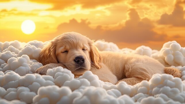 A golden retriever puppy peacefully sleeps on fluffy clouds under a vibrant sunset sky.