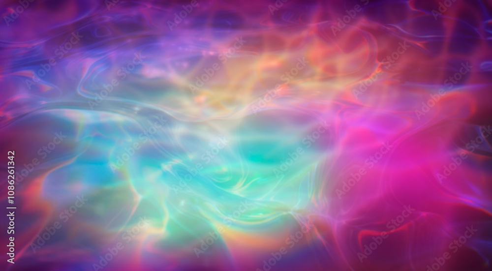 Poster Captivating abstract illustration featuring iridescent ripples and overlapping bubbles in soft hues of blue, rainbow, and white. The design evokes a dreamy, fluid, and ethereal underwater atmosphere.