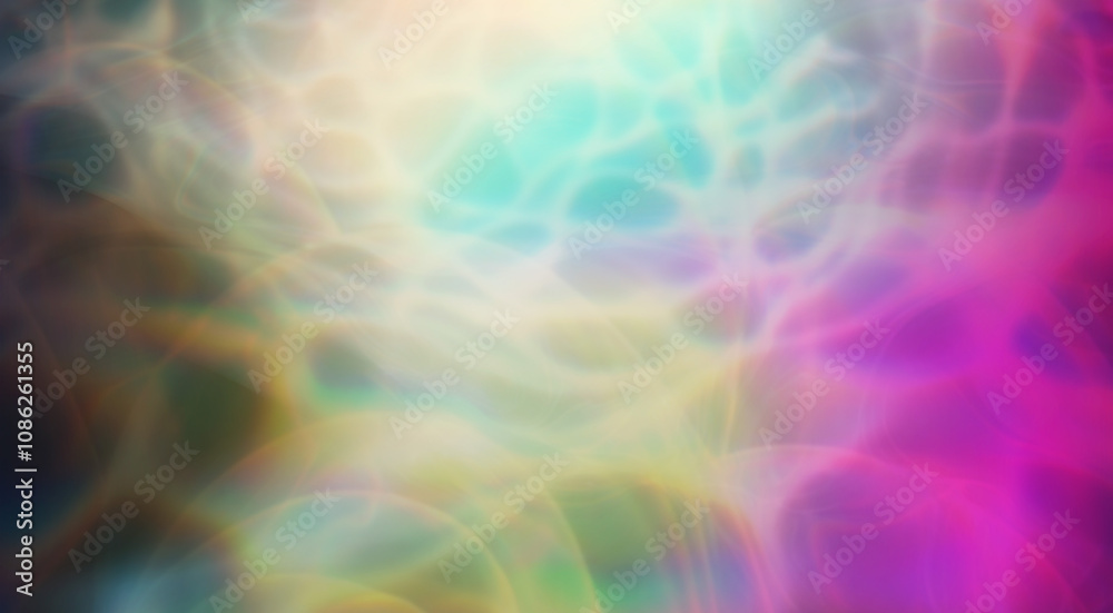 Poster Captivating abstract illustration featuring iridescent ripples and overlapping bubbles in soft hues of blue, rainbow, and white. The design evokes a dreamy, fluid, and ethereal underwater atmosphere.