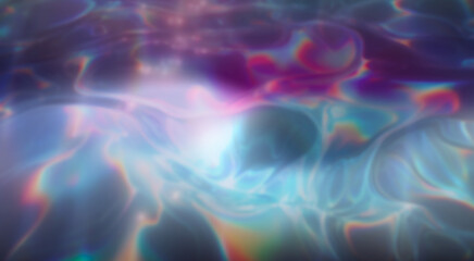 Captivating abstract illustration featuring iridescent ripples and overlapping bubbles in soft hues of blue, rainbow, and white. The design evokes a dreamy, fluid, and ethereal underwater atmosphere.