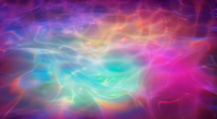 Captivating abstract illustration featuring iridescent ripples and overlapping bubbles in soft hues of blue, rainbow, and white. The design evokes a dreamy, fluid, and ethereal underwater atmosphere.