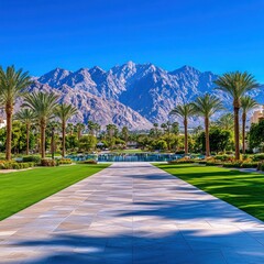 Palm Springs Coachella Valley Landscape: Panoramic View of Desert Mountains and Palm Trees in California