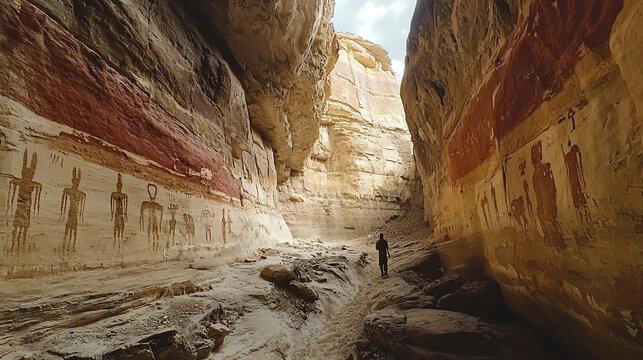 Exploring a hidden canyon with vibrant rock layers and ancient petroglyphs in a remote landscape