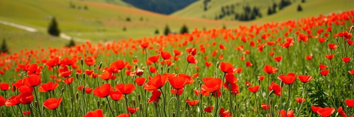 Fototapeta premium A sea of red poppies stretching across a sunny mountain meadow, floral landscape, scenic view