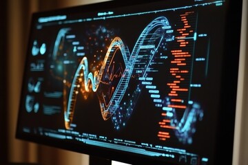 Complex genetic information is presented on a screen, showcasing DNA sequences and data visualizations used in research and analysis. Generative AI