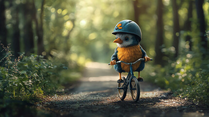 A small bird in a helmet riding a tiny bicycle through a forest path on a sunny day
