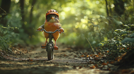 A charming bird riding a small bicycle wearing a helmet on a forest path during the daytime