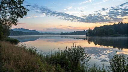 Fototapeta premium A tranquil lake reflecting the sky at dawn, dawn, calm, misty morning, reflective surface, stillness