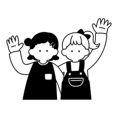 横に並んで手を振るこどもの仲良しペア[女性]の単色イラスト
