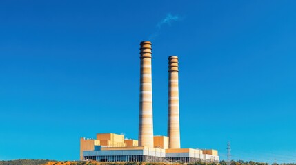 A power plant with twin smokestacks against a clear blue sky, showcasing industrial energy production and environmental aspects.