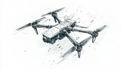 Hand-drawn sketch of a drone with four propellers, a camera, and a body with a black and white design, flying through the air.