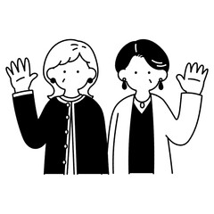 横に並んで手を振る中高年の仲良しペア[女性]の単色イラスト

