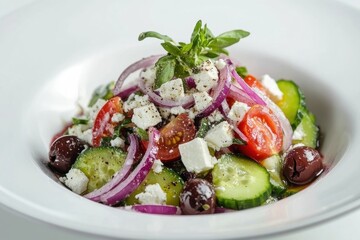 Classic Greek Salad with Feta Cheese, Olives, Cucumber, Tomatoes, Red Onions, and a Light Mediterranean Dressing  
