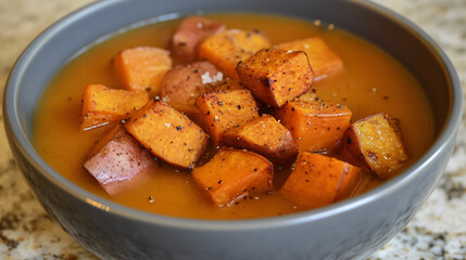 A bowl of pumpkin soup with roasted sweet potatoes, finished with a drizzle of honey and a pinch of sea salt.