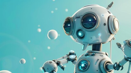 Fototapeta premium Cute robot using 3D modeling software on blue background, AI generated image