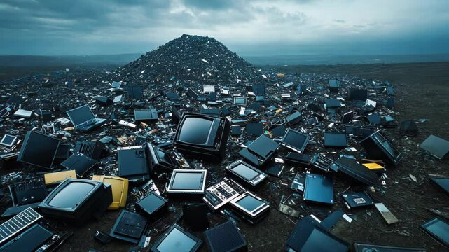 Massive medical waste mountain dominates desolate clinical zone. Mixed medical equipment and supplies create systematic patterns across surface. 