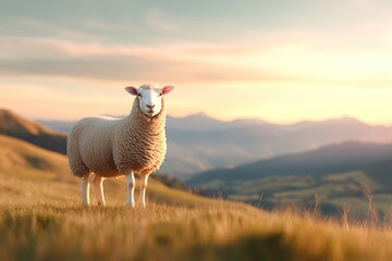 Fototapeta premium Golden Hour Serenity: A lone sheep grazes peacefully atop a hill, overlooking a breathtaking sunset landscape.