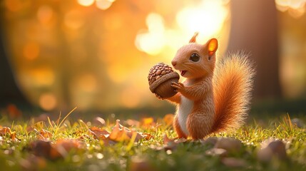 Obraz premium A cute squirrel holds an acorn amidst a backdrop of autumn foliage, capturing the essence of fall in a serene, sunlit forest setting.
