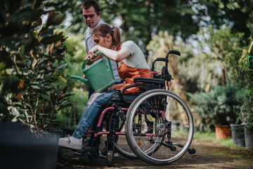 A male with Down syndrome and a female in a wheelchair working together in a garden, pouring water on plants. The image showcases teamwork, inclusivity, and enjoyment of nature.