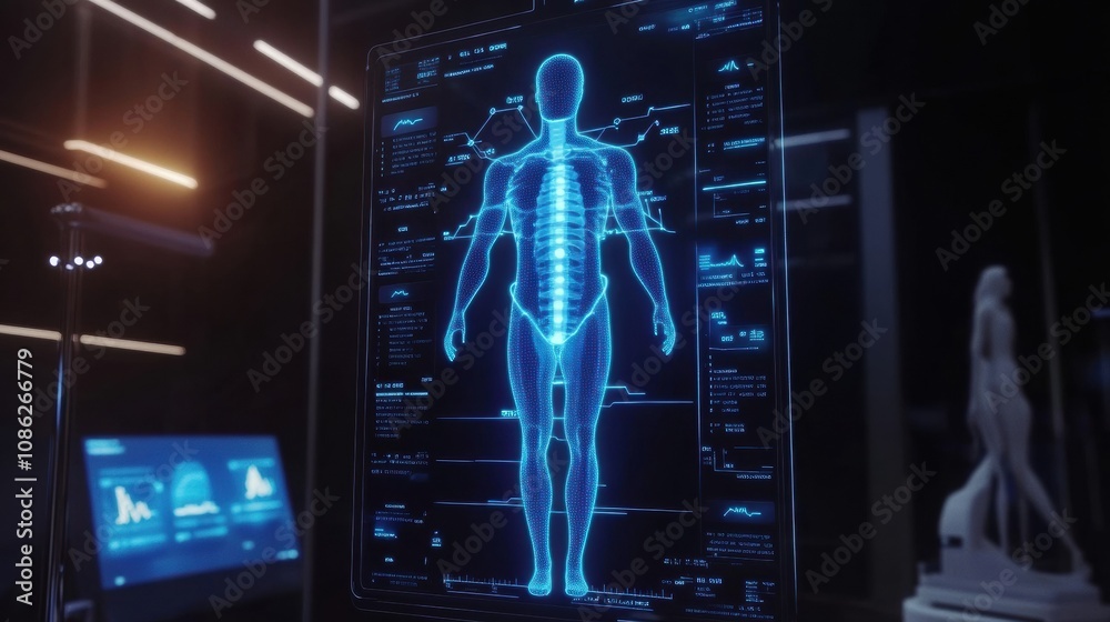 Aufkleber a digital display illustrates the human anatomy and genetic information, showcasing detailed data an