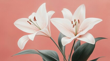 Naklejka premium Two elegant white lilies on a coral background.