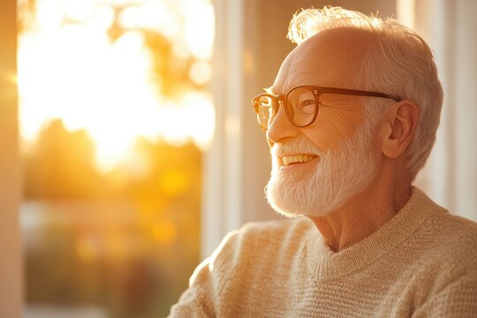 A senior's joyful smile, bathed in golden sunset light, reflects contentment and peace.
