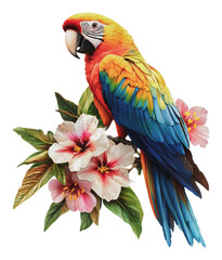Obraz premium PNG Colorful parrot on tropical flowers