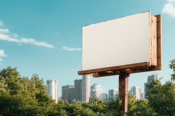 Fototapeta premium Blank billboard overlooking a vibrant city skyline under a clear blue sky. Perfect for your advertisement.