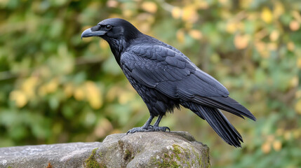 Naklejka premium majestic black raven perched on stone, showcasing its glossy feathers and sharp beak. background features soft green and yellow foliage, enhancing birds striking appearance