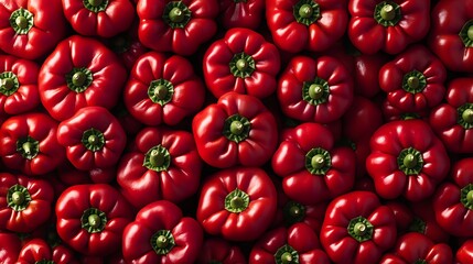 A close-up shot of fresh, red bell peppers, filling the frame with a vibrant red color. The peppers are arranged in a random pattern, creating a textural background.