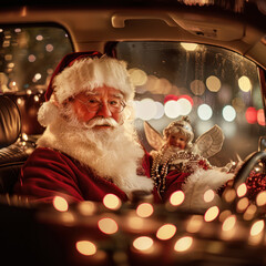 santa claus drives the christmas car