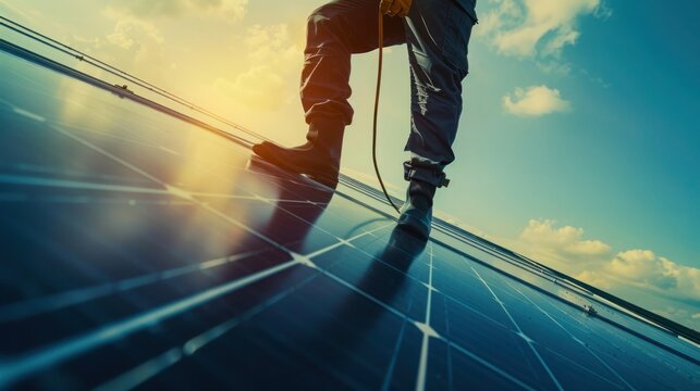 Photo of a technician installing cables over a solar panel