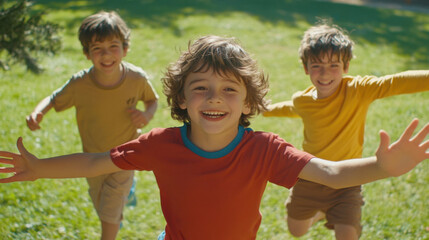 Fototapeta premium Three happy children are playing and running joyfully in sunny green park, showcasing their carefree spirit and friendship. Their laughter fills air as they enjoy their time together