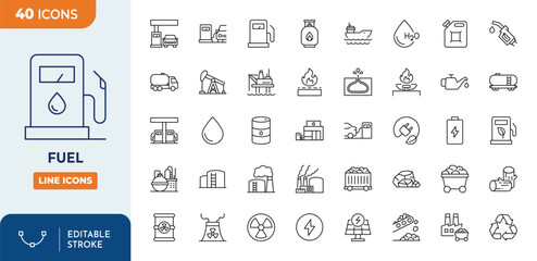Fuel editable icon set. Outline Icon Collection. Vector illustration. Editable stroke	