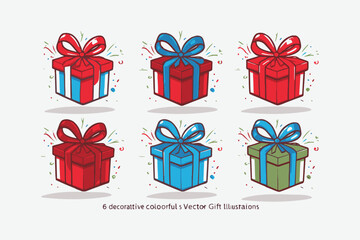 Set of six colorful vector gift box illustrations, easily editable.