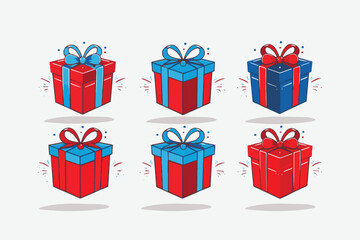 Set of six colorful vector gift box illustrations, easily editable.