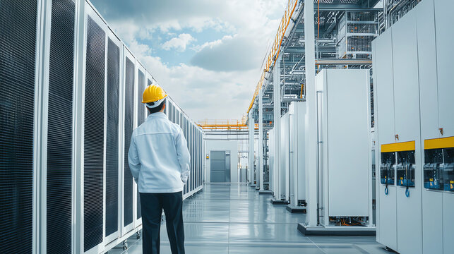 Worker overseeing lithium battery manufacturing process in a modern factory setting during daytime with cloudy skies